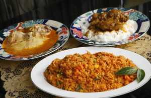 Peppah Soup, Jelof Rice, Palm Butter and Rice